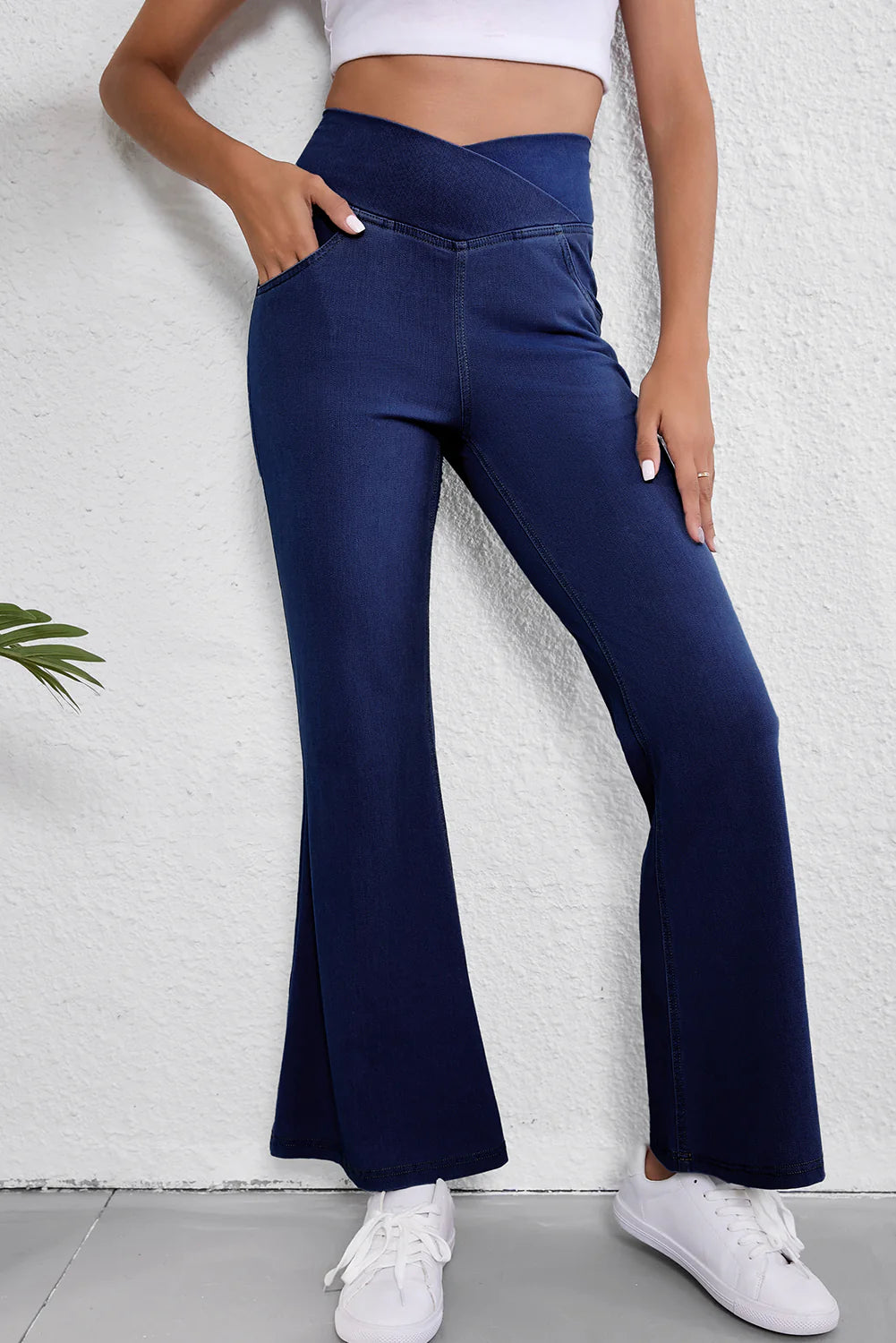 Solid Crossed High Waist Fit Flare Jeans