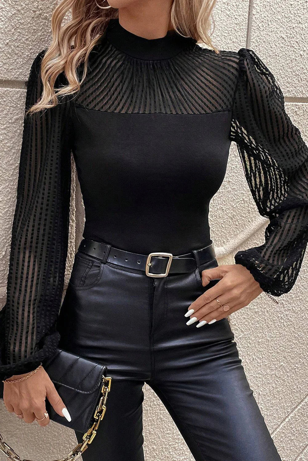 Stand Collar Striped Mesh Lantern Sleeve Blouse